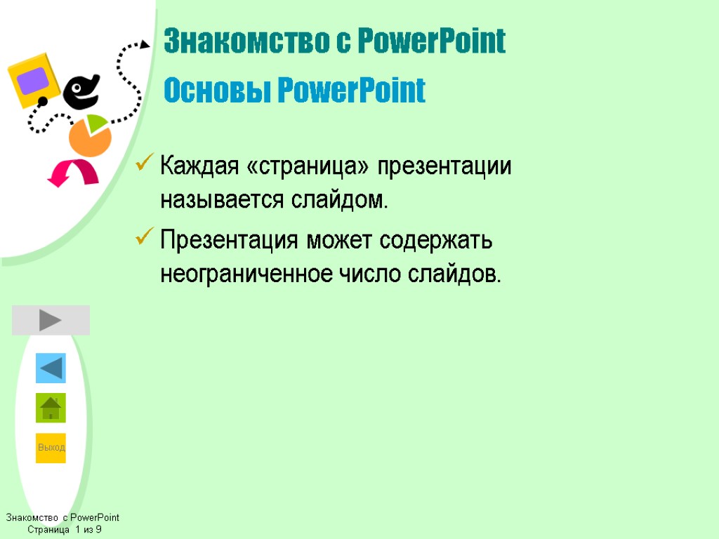 Знакомство с PowerPoint Страница 1 из 9 Знакомство с PowerPoint Основы PowerPoint Каждая «страница»